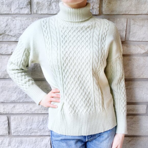 Aran Wool Blend Turtleneck Sweater - Soft Sage Green - Picture 2 of 7